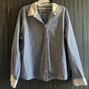 J. Crew Blue & White Striped Button Up with Contrast Collar & Cuffs - Women XXL